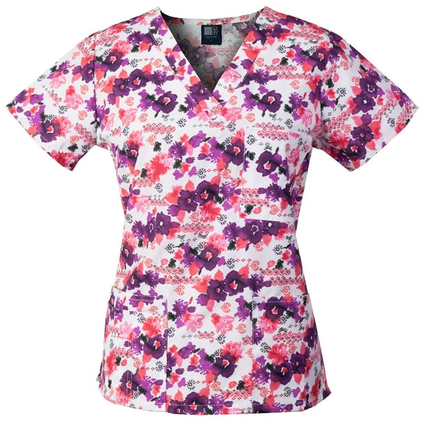 Medgear Womens Print Scrub Top ID loop & 4 Pocket Fashion Medical Uniform AMSA Medgear Womens Print Scrub Top ID loop & 4 Pocket Fashion Medical Uniform AMSA